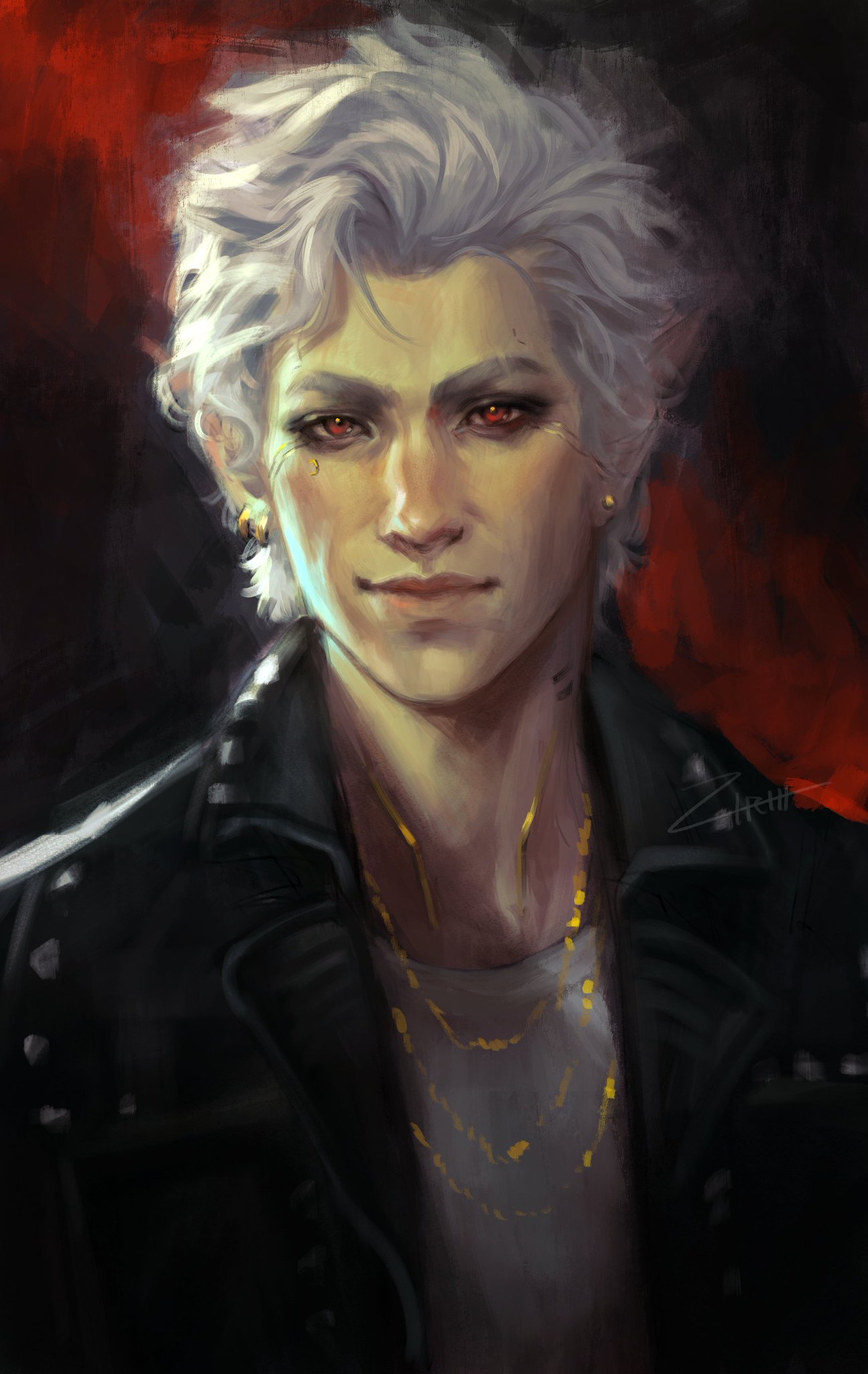 a digital art portrait of a man with white hair and red eyes. he is wearing a black leather jacket and multiple gold chains. he has earrings and scars on his face, and pale skin. the background is a dark red and black, adding to the fantasy art style.