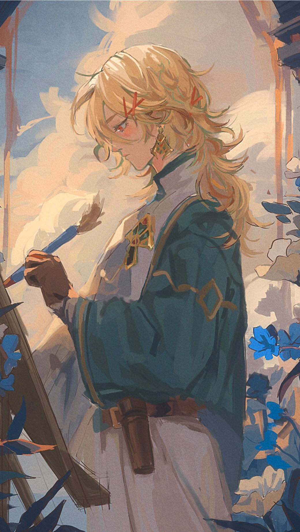 the image is a digital painting of a young woman with long, blonde hair. she is wearing a tealcolored robe and appears to be an artist, as she is holding a paintbrush and is positioned in front of an easel.  the setting is outdoors, in a garden with blue flowers, and the overall style is fantasyinspired and painterly. the lighting is soft and creates a serene atmosphere.  the woman's expression is calm and focused, suggesting a moment of quiet creativity.