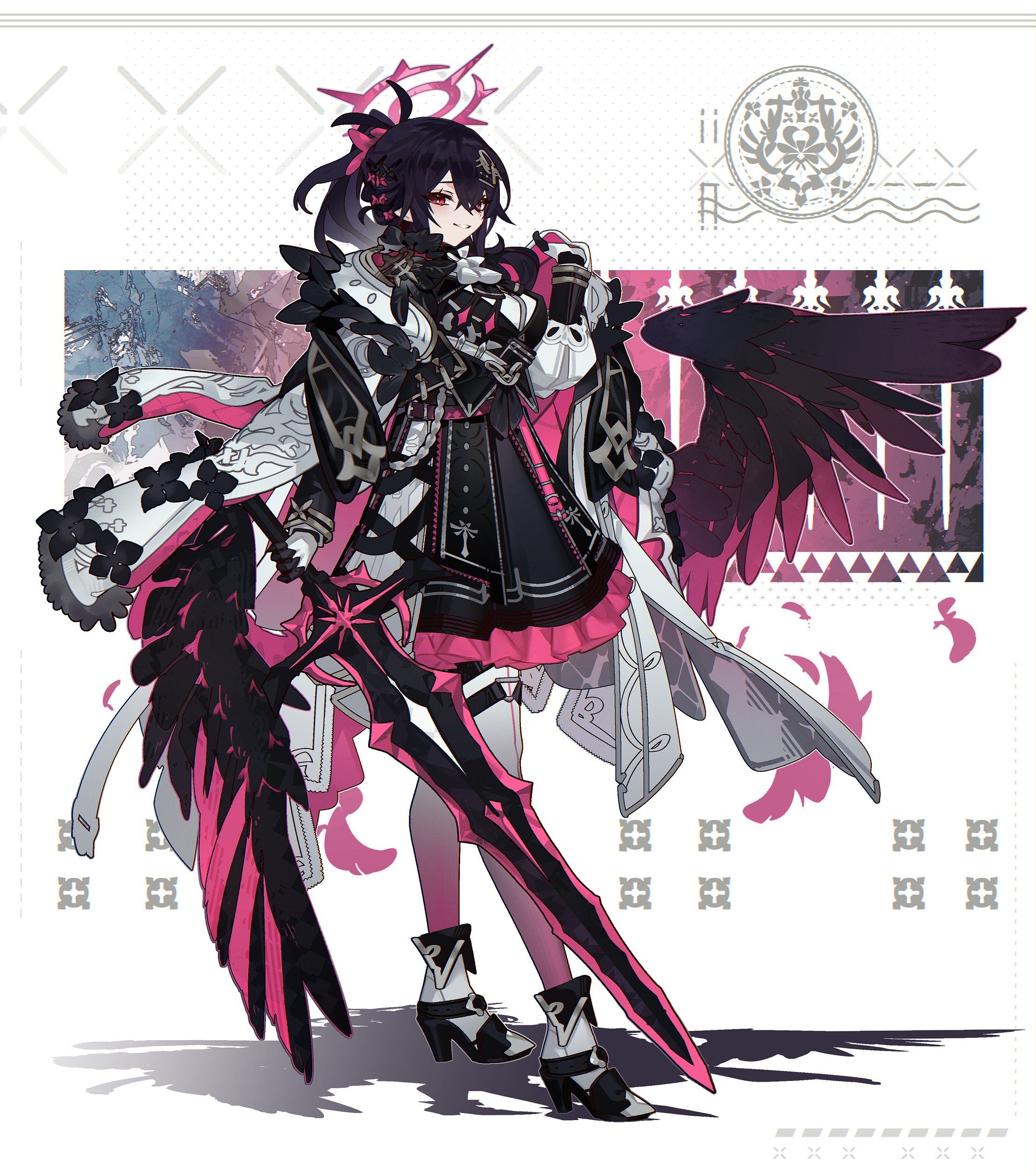 a female anime character stands poised with a large pink sword. she has long dark hair and is wearing an elaborate black, white, and pink dress with a cape. black wings sprout from her back. the background is a collage of textures and patterns in muted tones.