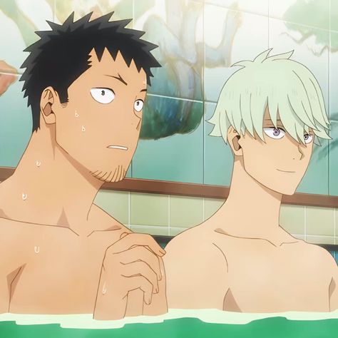 the image shows two muscular men relaxing in a bathhouse. the man on the left has short, dark hair and a surprised expression, while the man on the right has short, light hair and a calmer, almost smug expression. the walls are tiled with a light, natural pattern. the scene is welllit, suggesting daytime and a sense of tranquility.  the overall aesthetic suggests a sliceoflife anime setting.