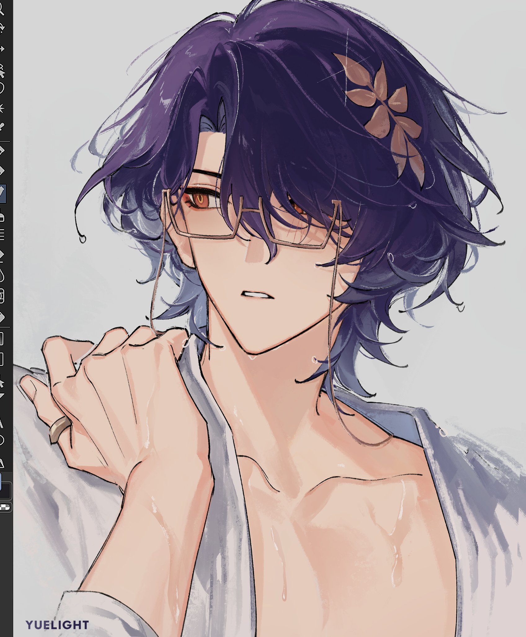 he image showcases a digital painting of a young animestyle man with vibrant purple hair, partially covering his eyes. he's adorned with glasses and a delicate flower in his hair. the artwork is detailed, emphasizing soft skin textures and wet hair.  he's depicted shirtless, with a lightcolored garment loosely draped over his shoulders. a hand delicately rests on his chest, suggesting intimacy or vulnerability. the style is aesthetically pleasing, blending delicate lines and softer shading techniques. the overall impression is one of elegance and gentle beauty. the artist's signature, "yuelight," is subtly placed in the bottomleft corner.