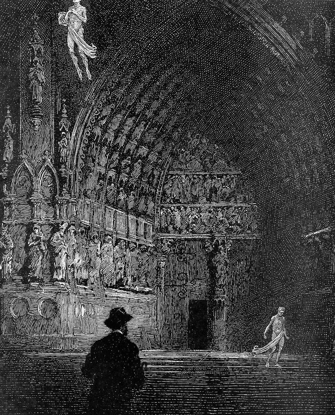 the illustration, rendered in a palette of dark grays, depicts the interior of a gothic cathedral. a lone man with his back turned stands on the stairs in the foreground, his gaze drawn towards a spectral figure that appears to be running away from him and towards the depths of the cathedral. above him, an ethereal angel floats near the towering archway adorned with intricate carvings. the interplay of light and shadow creates a sense of mystery and awe, emphasizing the vastness and grandeur of the architectural space.