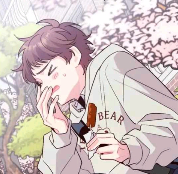 the image shows a cartoon or animestyle drawing of a young man or boy outside. he has purple/brown hair and is wearing a white hoodie or jacket with the word "bear" on it. he appears to be eating a chocolatecovered ice cream bar. he has a slight blush on his face and looks a little flustered or embarrassed. the background features trees and possibly a building.