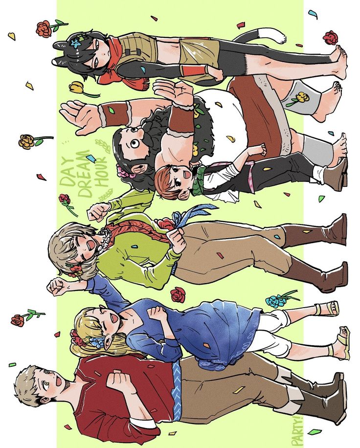 his is a vibrant and whimsical illustration, possibly from an anime or manga, depicting a group of diverse characters in festive attire, celebrating what appears to be a "daydream hour party." the characters are joyfully dancing and surrounded by confetti and flowers, creating a playful and energetic atmosphere.  the art style is cartoonish and highly expressive, with exaggerated features and poses.  the characters' outfits are varied and unique, suggesting a diverse cast and a fantasylike setting.  the overall mood is one of pure, unrestrained joy and celebration.