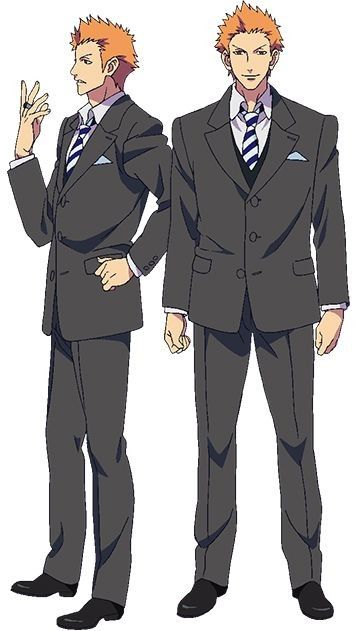 the image shows two different views of an anime character, a young man with orange hair, wearing a suit with a tie. he has a serious expression on his face. the first view is from the side, and the second view is from the front.  the background is white.