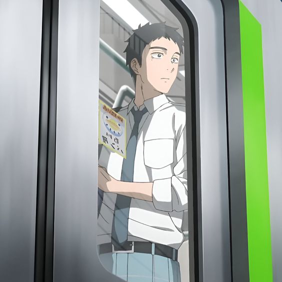 an anime character stands inside a train car. the image shows the character from the waist up and focuses on the character's face. the character is looking outside of the train window.  he is holding onto a sign that has japanese characters on it, and there is a green strip that indicates the door is about to open on the train.