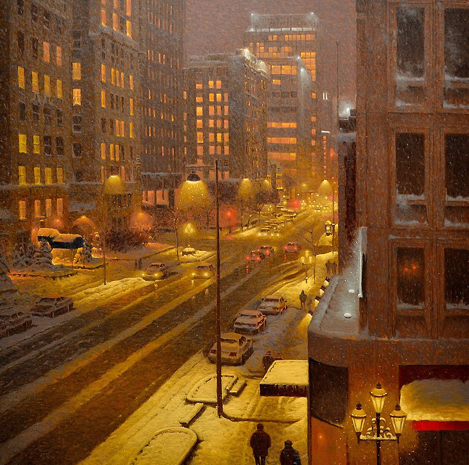 a snowy city street at night, illuminated by street lights and building lights. the scene is viewed from a high angle, looking down on the street below. there are cars driving on the street and two people walking on the sidewalk. the overall feeling of the image is warm and inviting despite the cold weather.