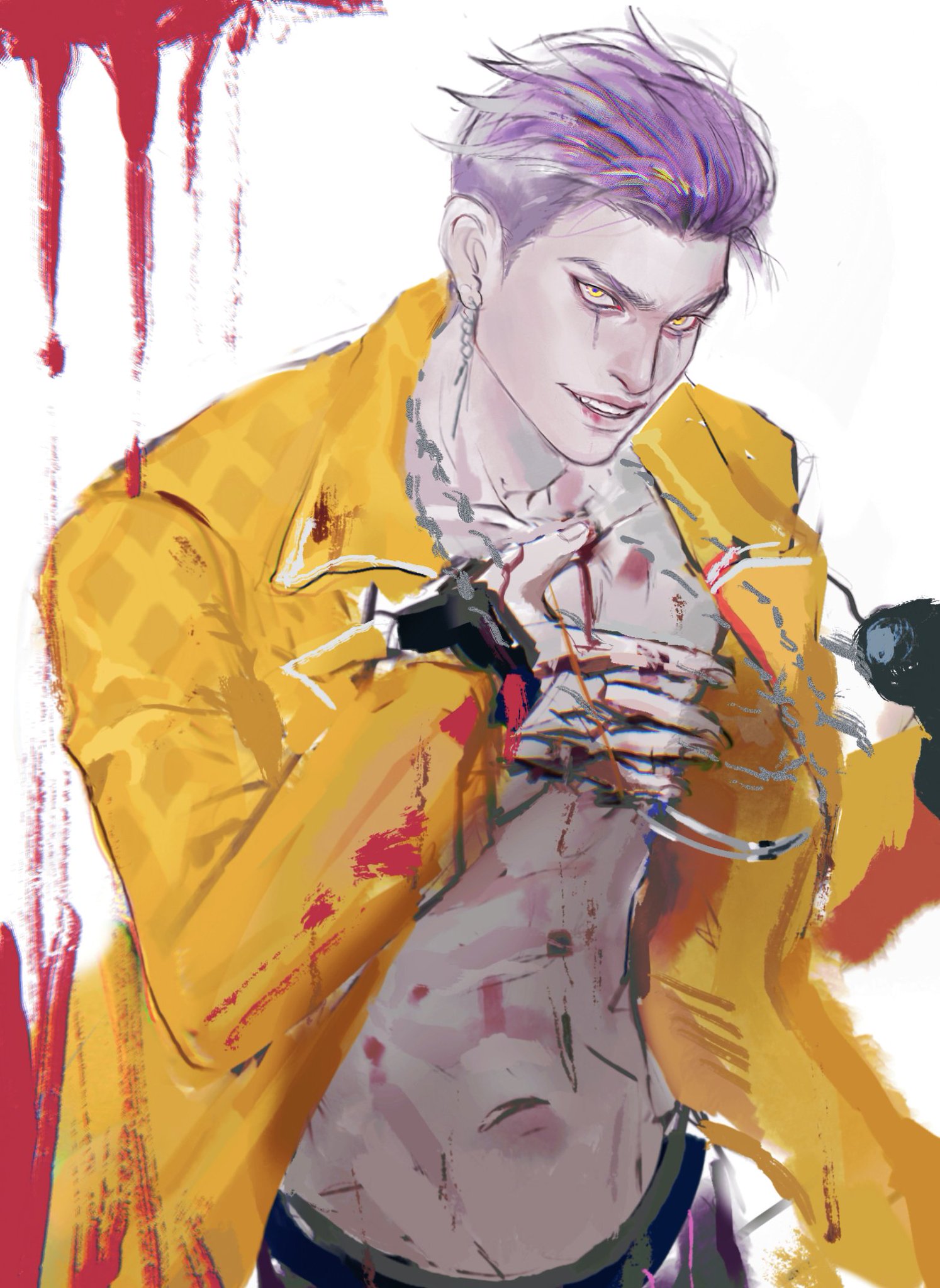the image is a digital illustration of an anime/manga style male character. he has purple hair, piercing yellow eyes, and sharp teeth. he is wearing a yellow jacket and a chain around his neck, and he is covered in blood. he appears to be a villainous character.