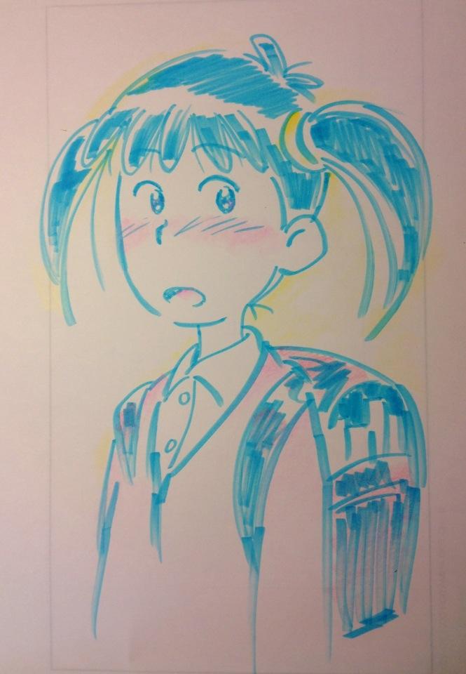 the image is a charming, handdrawn animestyle illustration of a young girl. rendered primarily in various shades of blue line art on a white background, she is depicted with large, expressive eyes, a small, surprised mouth, and rosy cheeks, suggesting a sense of bashfulness or wonder. her hair is styled in distinctive, thick pigtails, each tied with a circular accessory. she wears a typical school uniform, with a collared shirt and a blazer draped over her shoulders. the overall impression is one of innocence and youthful energy, captured in a moment of candid emotion.