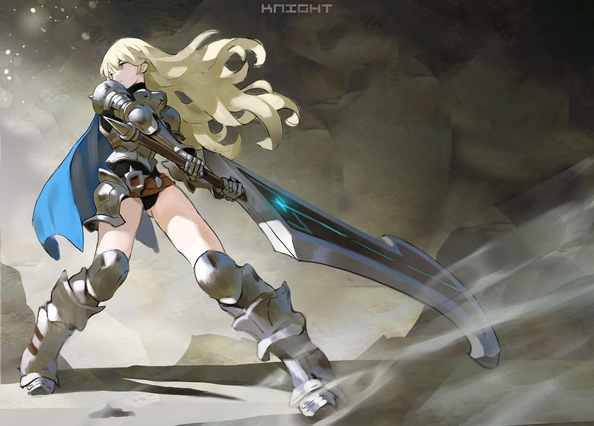 an animestyle illustration shows a female knight with long, flowing blonde hair, clad in detailed silver armor and a blue cape. she is in a dynamic battle stance, holding a large, futuristic sword with a glowing blue line. the background is a dusty, cavelike environment. the word "knight" is written in a stylized font at the top of the image.