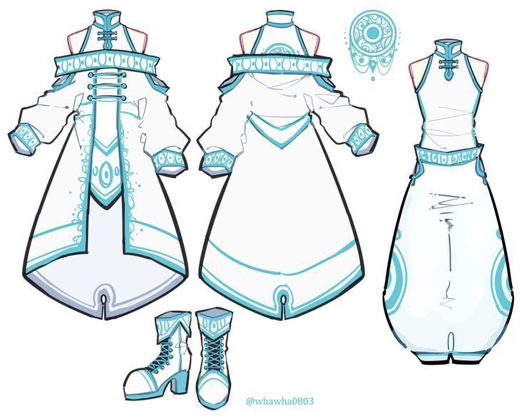 this digital drawing of a fashion design shows three different outfits: a longsleeved, openshoulder dress, a sleeveless top with pants, and a pair of ankle boots. all of the outfits are white and have blue trim, and the top and dress have a unique design detail around the neck. the outfits are simple and elegant, with a classic style that would be appropriate for a variety of occasions.