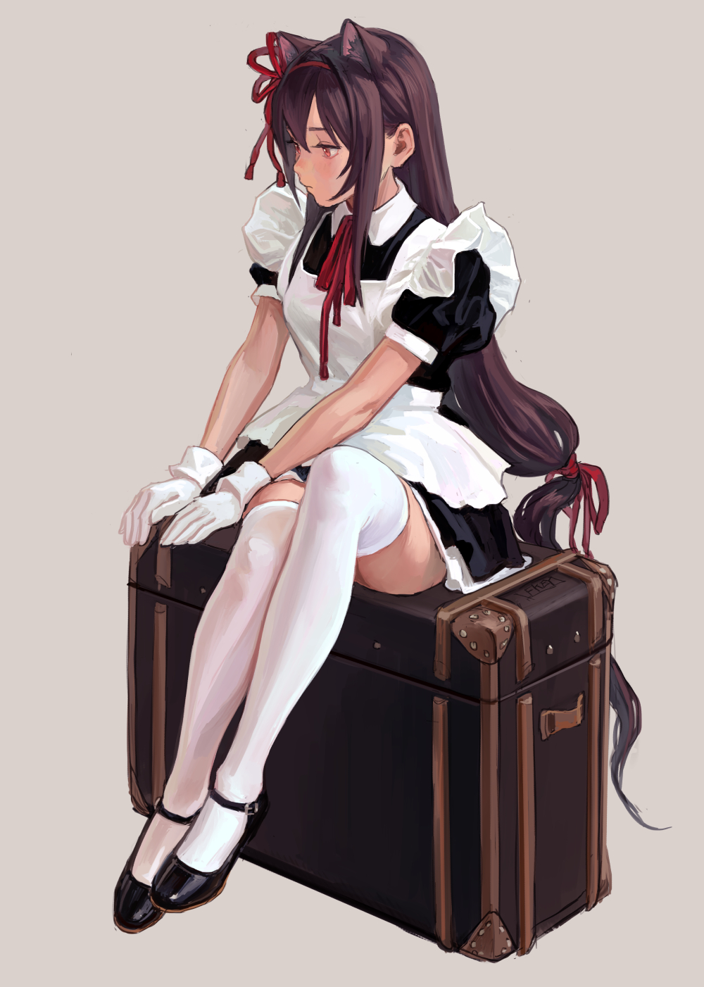 a drawing of an anime girl with brown hair and cat ears, wearing a black and white maid outfit, white gloves, thigh high socks, and black shoes. she is sitting on a dark suitcase with brown leather trim. a red ribbon adorns her head and tail.