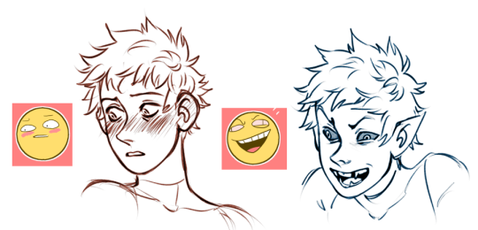 the image is a drawing of a character reacting to two different emojis. the emoji on the left is a surprised face, while the emoji on the right is a laughing face with its eyes closed and tongue sticking out. the character on the left is blushing and looking away, while the character on the right has fangs and is leaning forward with a mischievous expression.