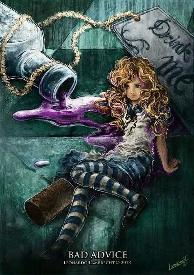 a digital painting titled “bad advice” by leonardo lambrecht, 2013, depicts alice from alice in wonderland lying on her side, with her legs bent slightly and her knees pointed towards the viewer. her hair is long and blonde, and she is wearing a blue and white dress with long striped stockings.  a large glass bottle pours purple liquid onto the ground near her. a tag hanging from the bottle says “drink me.” the background is dark teal.