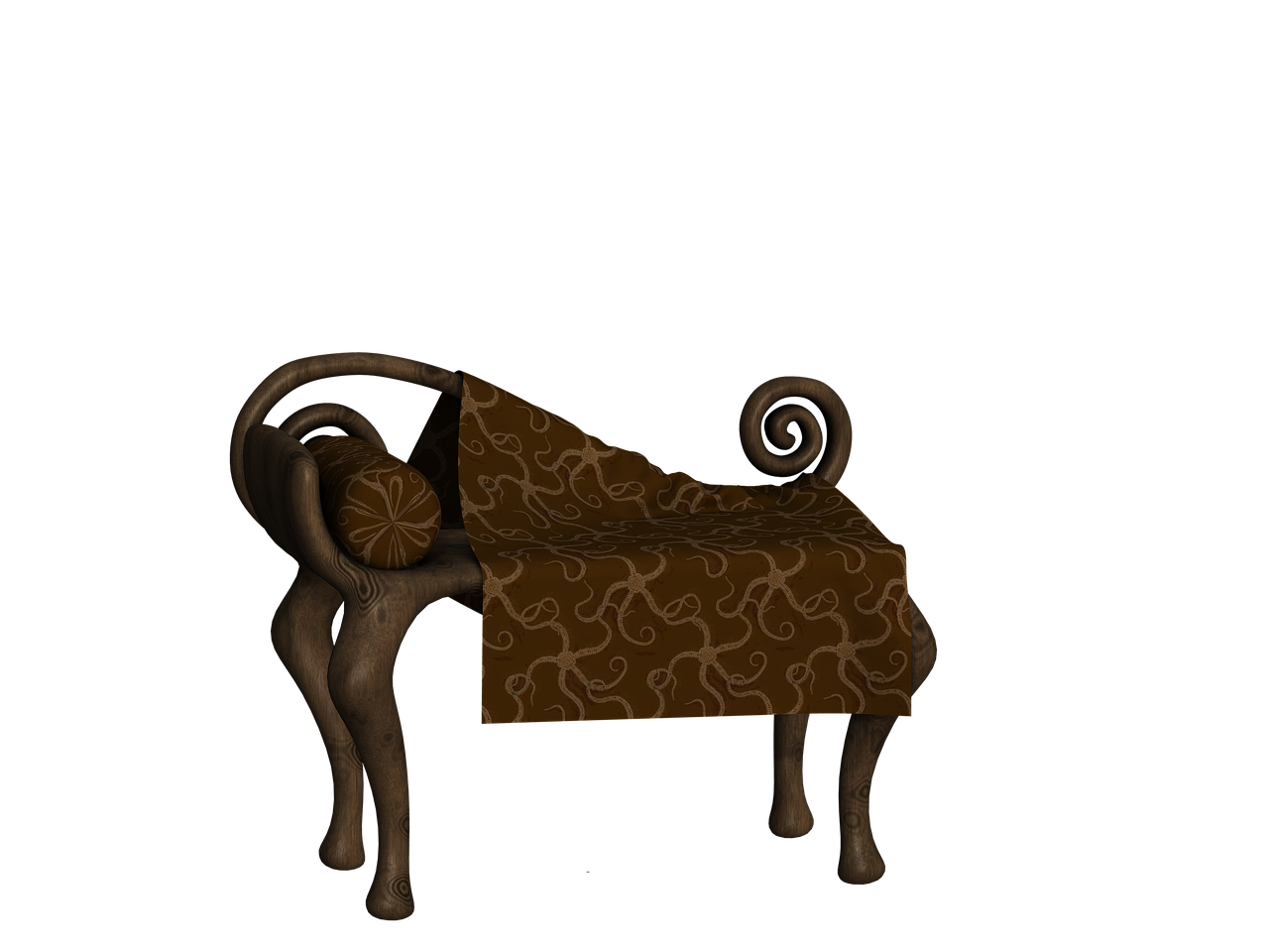 a brown wooden chair with a patterned blanket and cushion is set against a black background. the chair features a unique, antique design with curved legs and a decorative curl on the right side. the patterned blanket drapes over the chair, and the cushion rests on the left side.