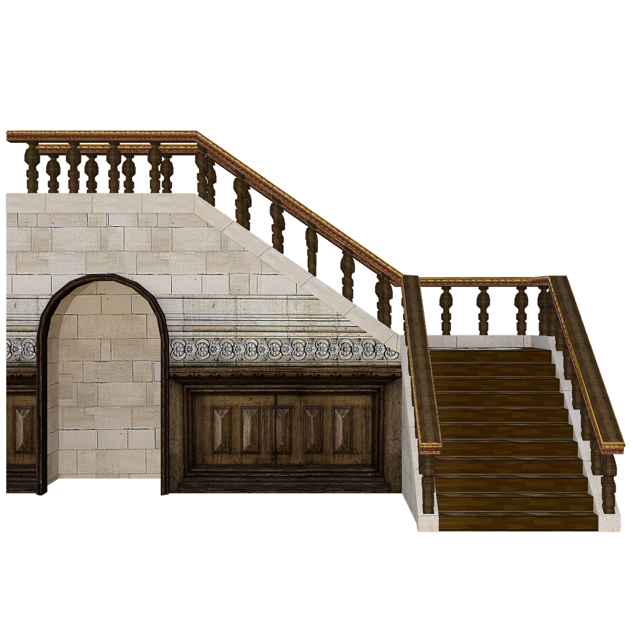 this image features an ornate staircase in an interior setting. the staircase has wooden steps and a dark wood railing with decorative balusters. the wall adjacent to the staircase is divided into sections, with a lower part featuring dark wood paneling, a middle section adorned with decorative designs, and an upper section made of lightcolored stone or brick. there is an archway or doorway on the left side of the wall. the overall aesthetic is classical and elegant, and the background is a solid black.