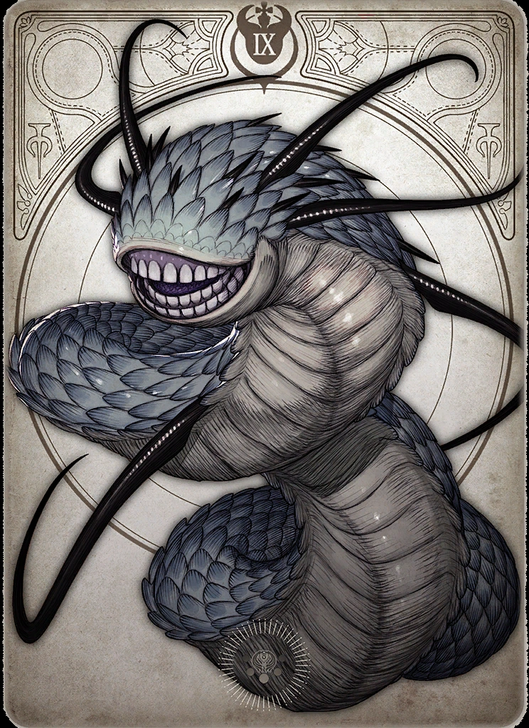 a stylized drawing of a large serpentlike monster against an offwhite background. the monster is predominantly gray with a lighter underbelly and a wide, unnerving smile filled with sharp teeth. it has three pairs of black horns and is framed within a decorative border, reminiscent of a playing card.  roman numeral "ix" is visible at the top of the border.