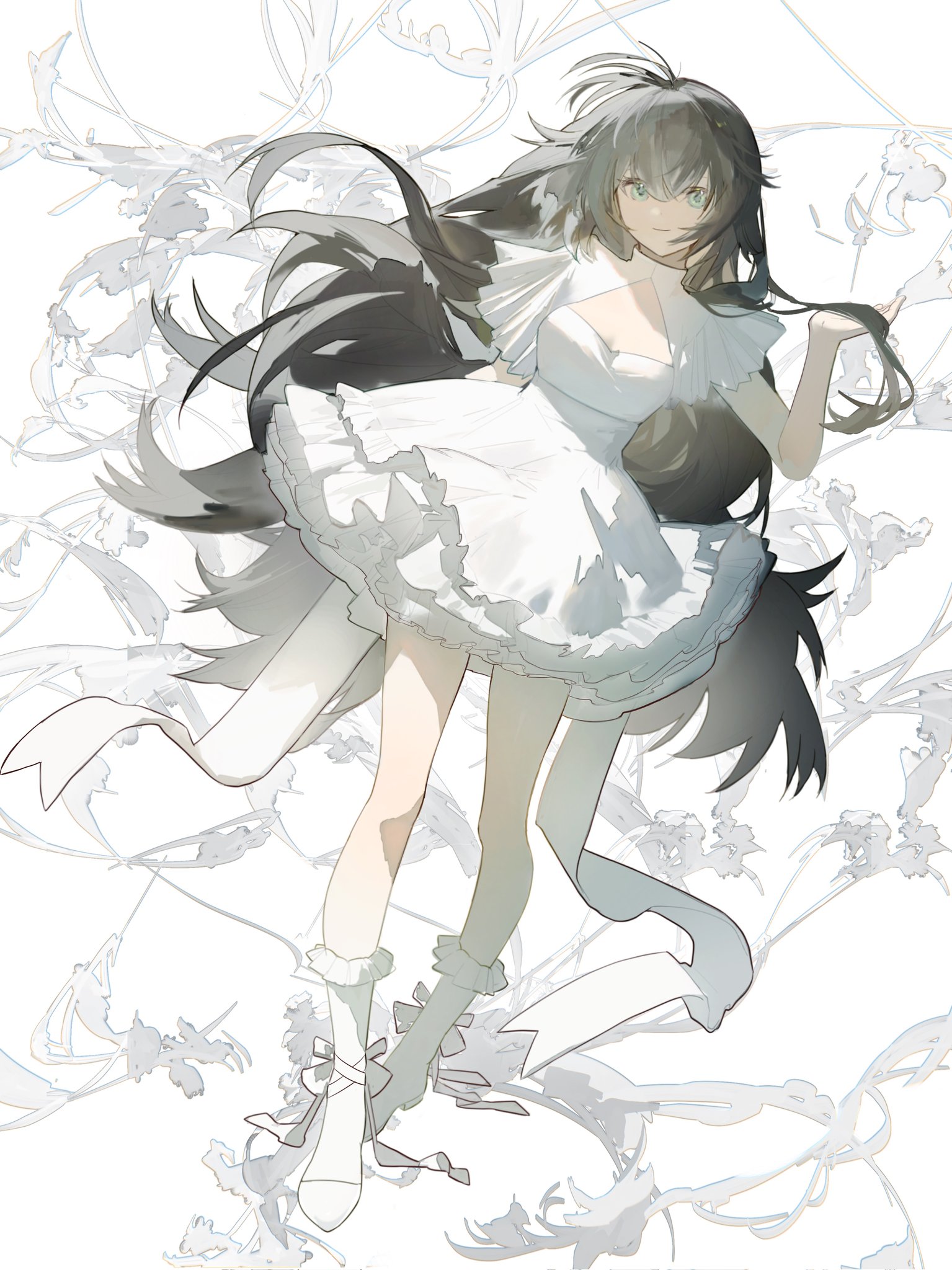 the image is a digital illustration of a young animestyle girl. she has long, dark grayblack hair that flows around her, and she is wearing a light, flowing white dress with a ruffled hemline. the dress is short, falling just above her knees.  she is also wearing white socks and small ribbon accents on her shoes.  her eyes are a striking light green. she's depicted in a graceful pose, with one arm slightly raised. the background features a pattern of light gray, almost translucent, stylized floral or plantlike elements. the overall style is ethereal and delicate, with soft color palettes and flowing lines creating a dreamlike or whimsical atmosphere.