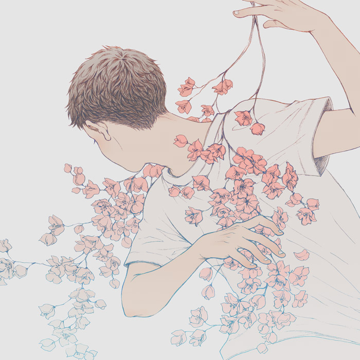 the image shows a young man from the side. he is holding onto a branch of light pink flowers that appear to be growing from his back. the style of the drawing is delicate and uses fine lines. the color palette is muted and leans towards cool tones with accents of peachy pinks.  the overall mood is somber and introspective.