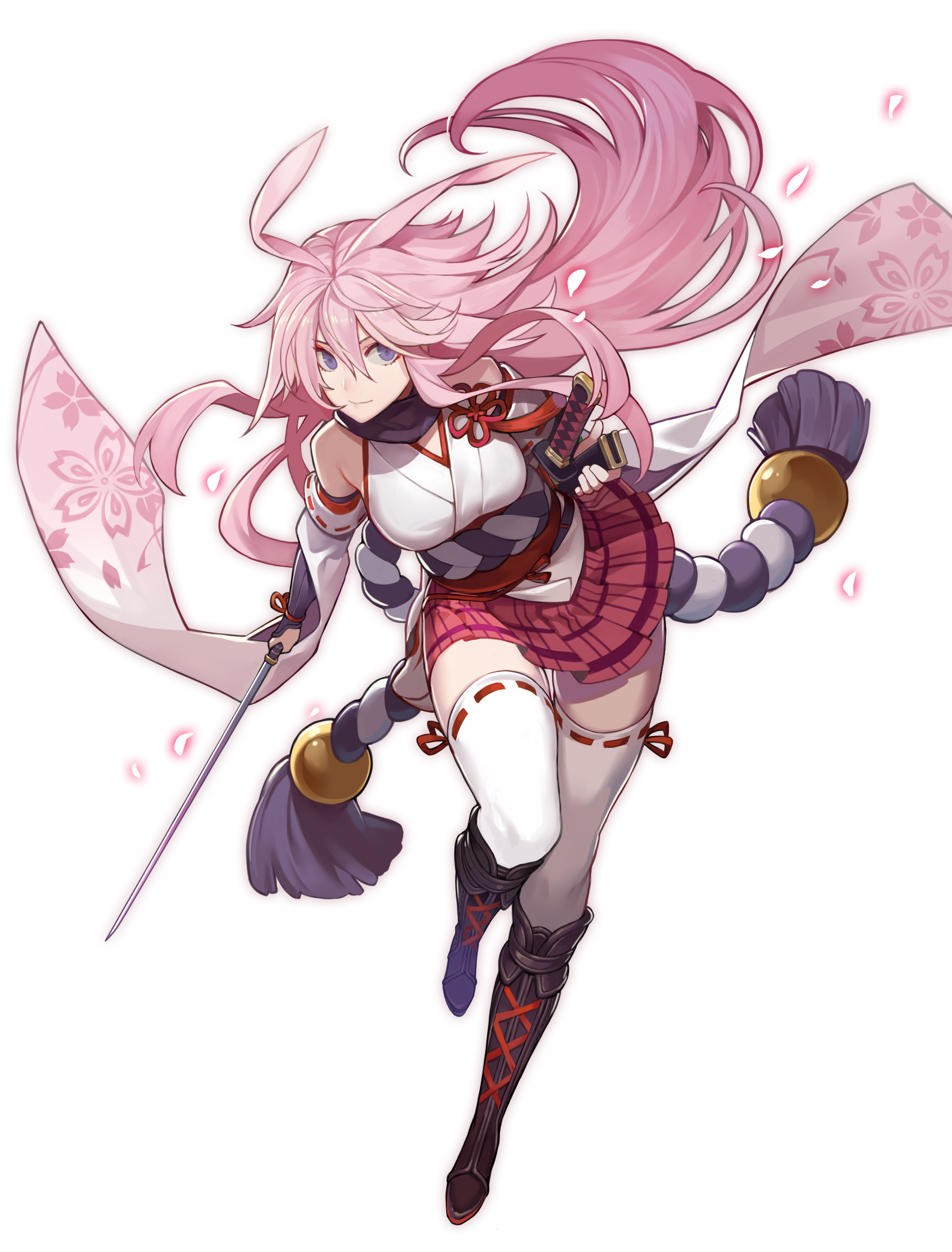 this is a digital illustration of an anime girl in a pink kimono and white clothing. she has long, flowing pink hair, red accents on her outfit and is holding a sword in her hand. she has black boots with red laces. she looks like she is about to strike. her eyes are a striking blue color. the background is white.