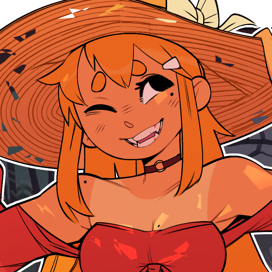 a cute anime girl with orange hair wearing a red dress and hat, is smiling and winking. she looks like a monster.