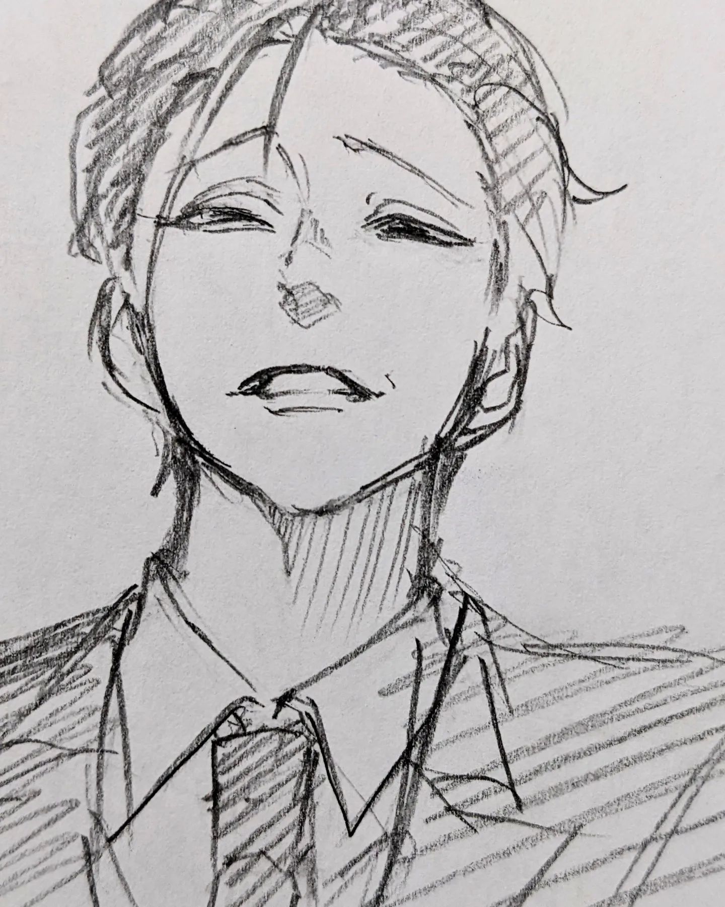this is a black and white sketch of a man's face and upper torso. he is wearing a collared shirt and tie, with the suggestion of a suit jacket. the drawing style is reminiscent of anime and manga. he has dark hair and dark eyes, and his expression is serene with a hint of smugness.
