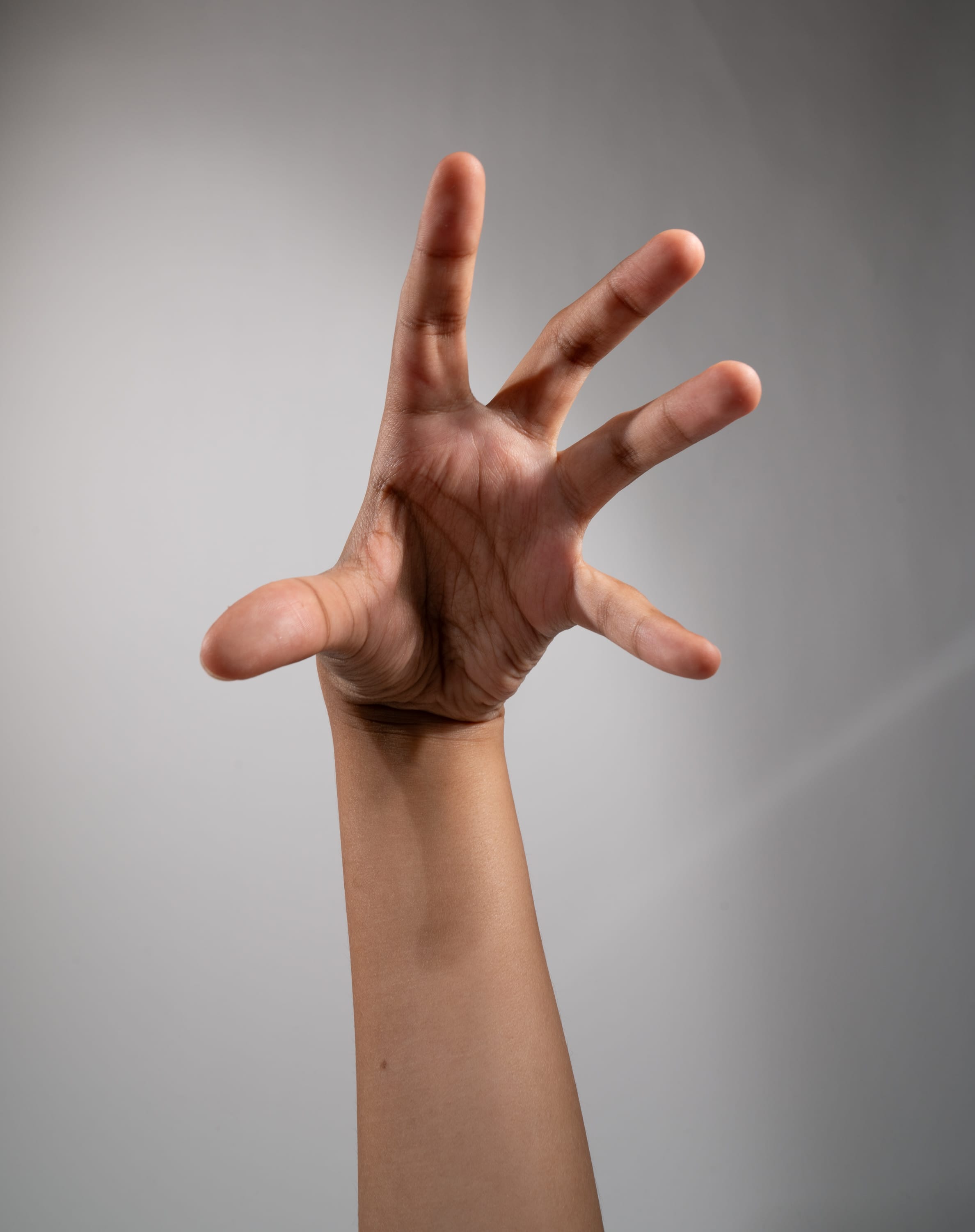 a hand reaches up towards the viewer against a light gray background. the fingers are spread and slightly curved, as if ready to grasp something. the hand is illuminated from above, casting subtle shadows on the fingers and palm.