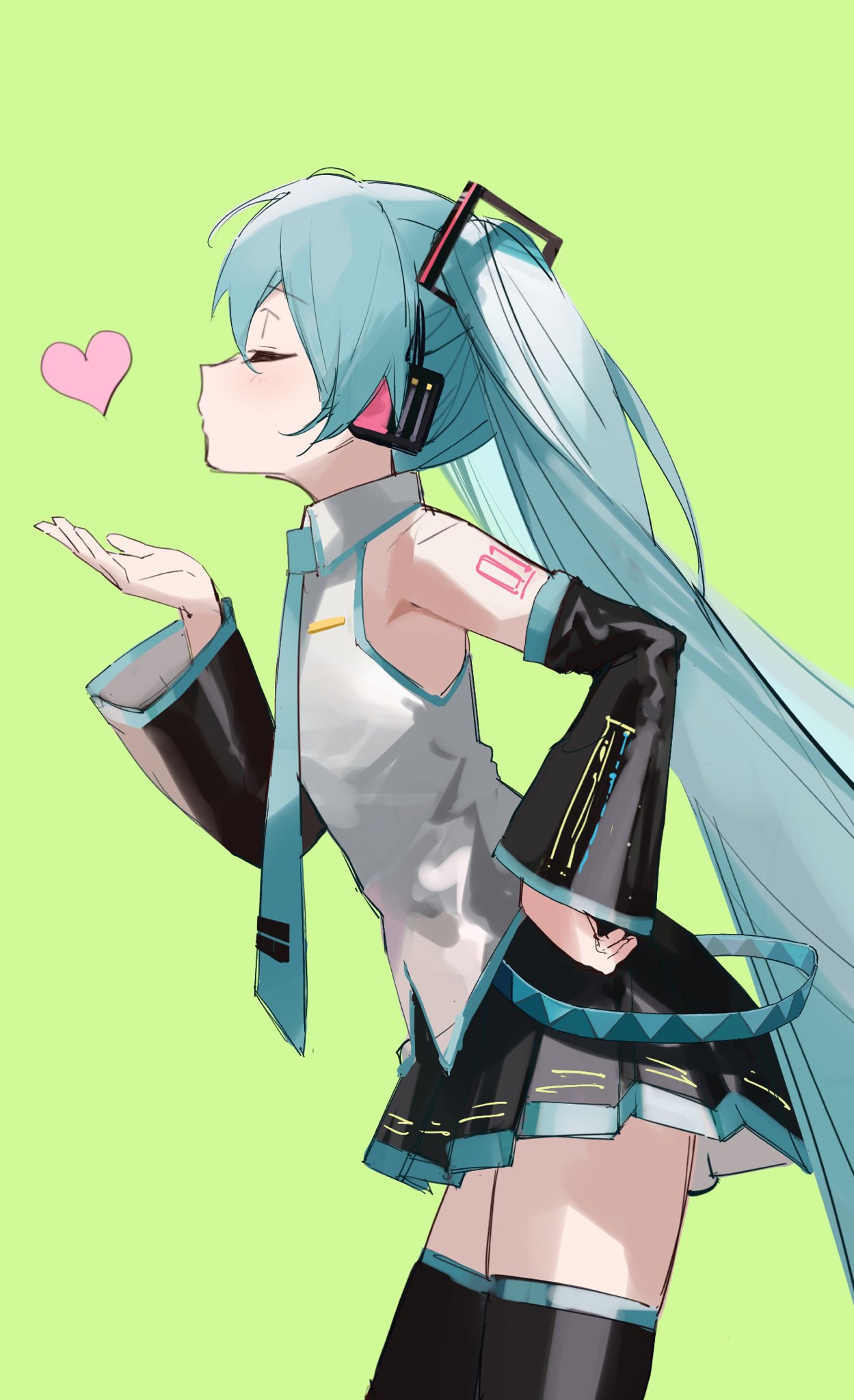 a digital drawing of hatsune miku, a popular japanese virtual singer, in a chibi style. she is depicted with her signature long teal twintails, headphones, and iconic outfit.  she's blowing a kiss, and a small pink heart is shown floating near her hand. the background is a solid light green. the style is soft and slightly painterly.