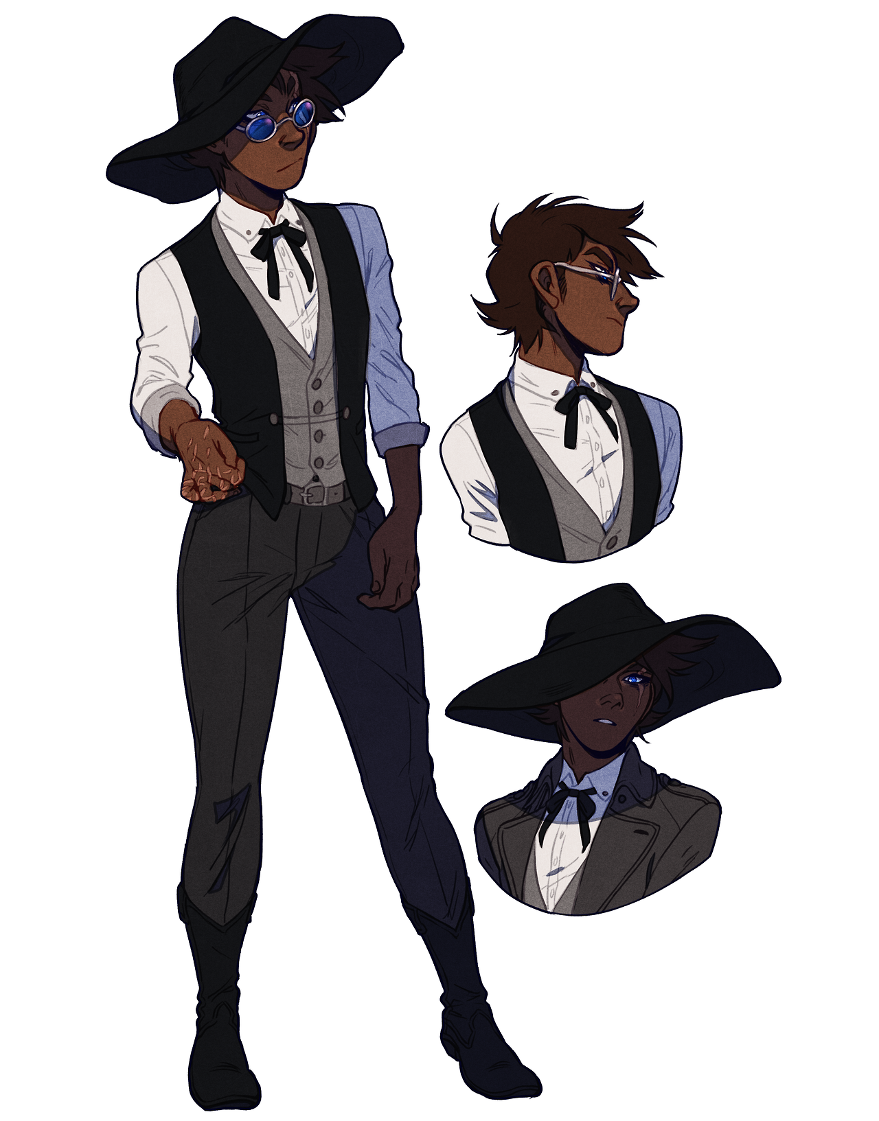a digital illustration of a black man with brown hair and blue eyes in three poses: fullbody front view, bust side view, and bust front view with a hat casting a shadow over his face. he wears a black widebrimmed hat, a white buttondown shirt, a grey vest, a black cravat, black pants, and black boots.  he is also wearing round, blue glasses.  the character is designed in a western style.