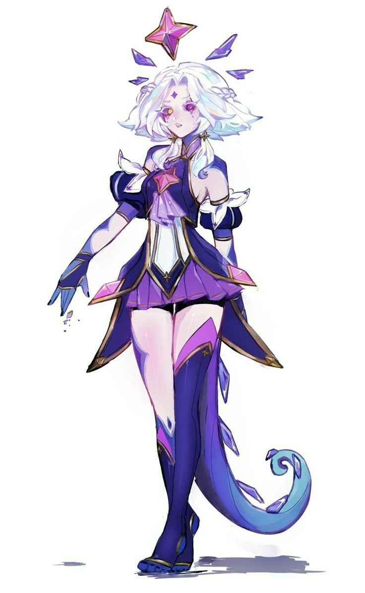 a full body illustration of a female anime character in a fantasy style. she has white hair, purple and blue clothes with gold trim, and a tail. she is wearing a short dress, thighhigh socks, and gloves. above her head floats a large purple star with smaller crystals. she has heterochromia with one eye yellow and one purple.