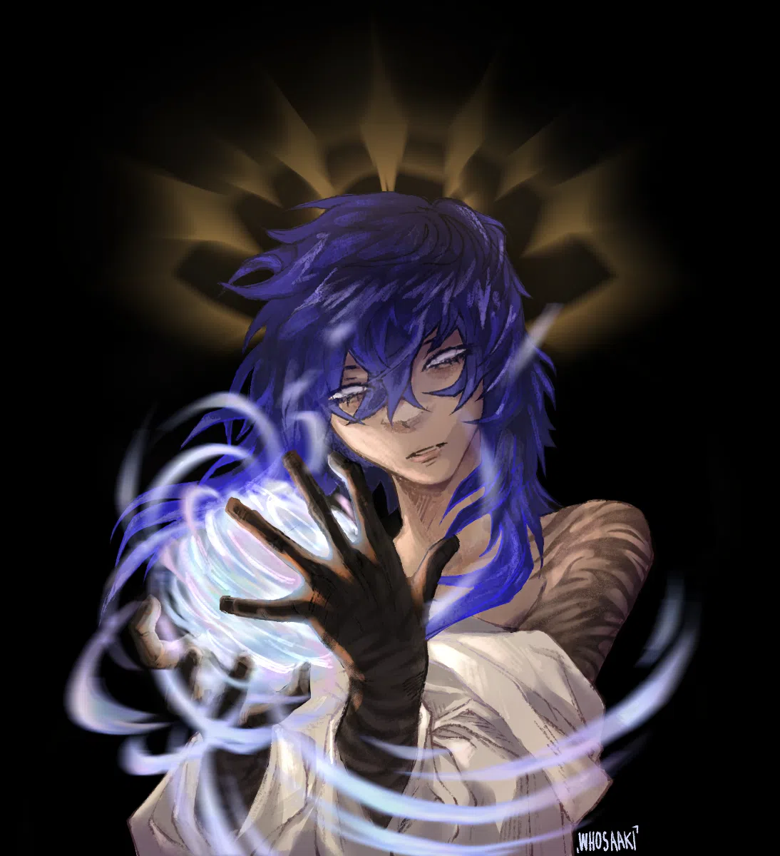 a digital animestyle drawing depicts a male character with blue hair and light eyes, holding a glowing blue energy ball. he has dark skin, a halo behind his head, and is wearing a white robe. tattoos are visible on his arm. the background is black.