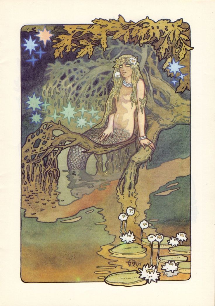 this image is a beautiful art nouveau illustration depicting a mermaid sitting on a tree branch overhanging a pond.  the mermaid has long flowing blonde hair adorned with white flowers, and she wears a pearl necklace. she is depicted with a calm and peaceful expression. the background features a dark, shadowy forest setting with stylized trees and glowing stars in the night sky. white water lilies float on the water's surface near the mermaid. the overall style is dreamlike and mystical, characteristic of art nouveau artistic conventions.  the colors are soft and muted, creating a tranquil atmosphere. the details of the illustration are highly intricate, showing a significant amount of artistic skill and attention to detail.