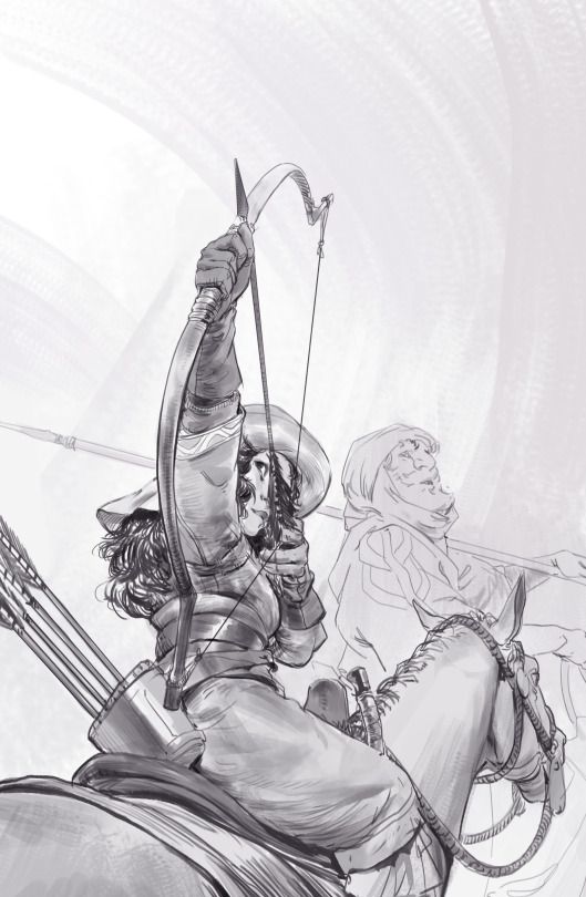 a black and white drawing of a medieval warrior on horseback, drawing a bow and arrow. a quiver of arrows is visible, and another rider with a spear is partially visible in the background.