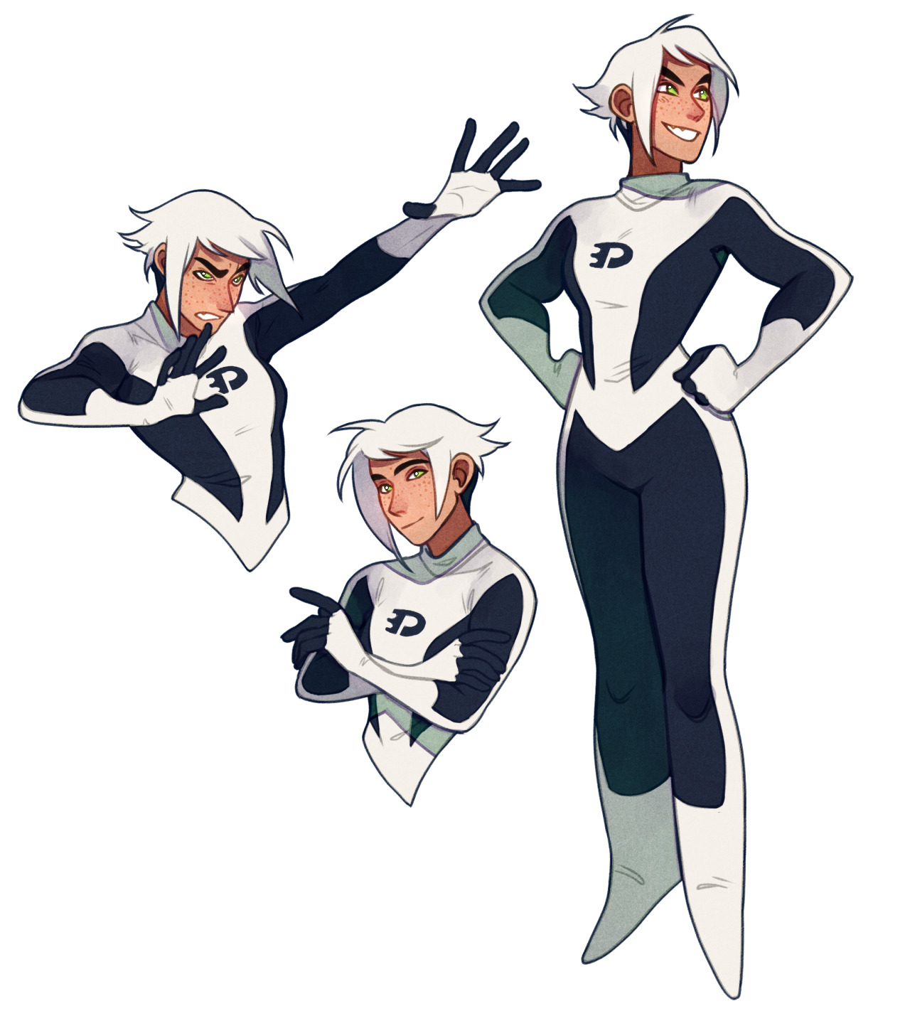 the image showcases three different poses of the same original character.  the character appears to be a young adult with short, choppy, white hair and tanned skin. they are wearing a white and black jumpsuit with a stylized "p" on the chest, hinting at a phantom or ghostlike theme. the jumpsuit features dark grey accents and a greenishgrey tone on the boots. they have bright green eyes and a confident expression.