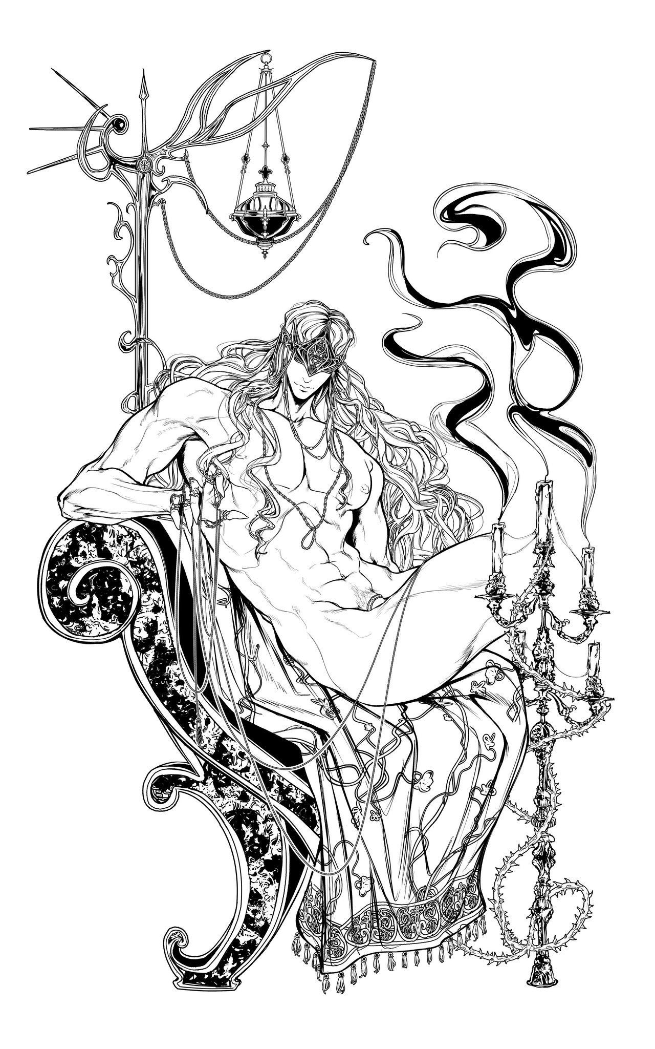 a line art illustration of a man sitting on an ornate throne. he is muscular and has long flowing hair. the throne is adorned with intricate details and is surrounded by candles and smoke. the artwork has a dark and mysterious vibe, reminiscent of fantasy art.