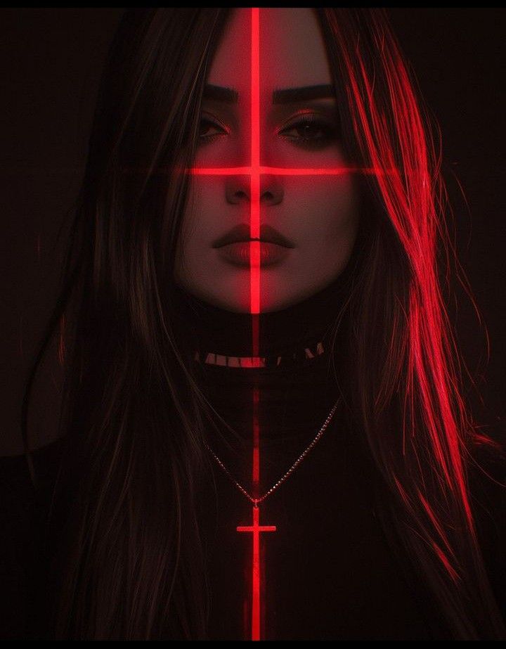the image is a stylized digital portrait of a young woman with long, dark hair.  a bright red, crossshaped light is overlaid onto her face, creating a striking contrast against her dark features. she wears a black turtleneck and a simple silver cross necklace. the overall aesthetic is dark, gothic, and slightly mysterious, with a hint of cyberpunk influence due to the use of neon lighting and a stylized look.  the focus is on her intense gaze and the dramatic lighting.