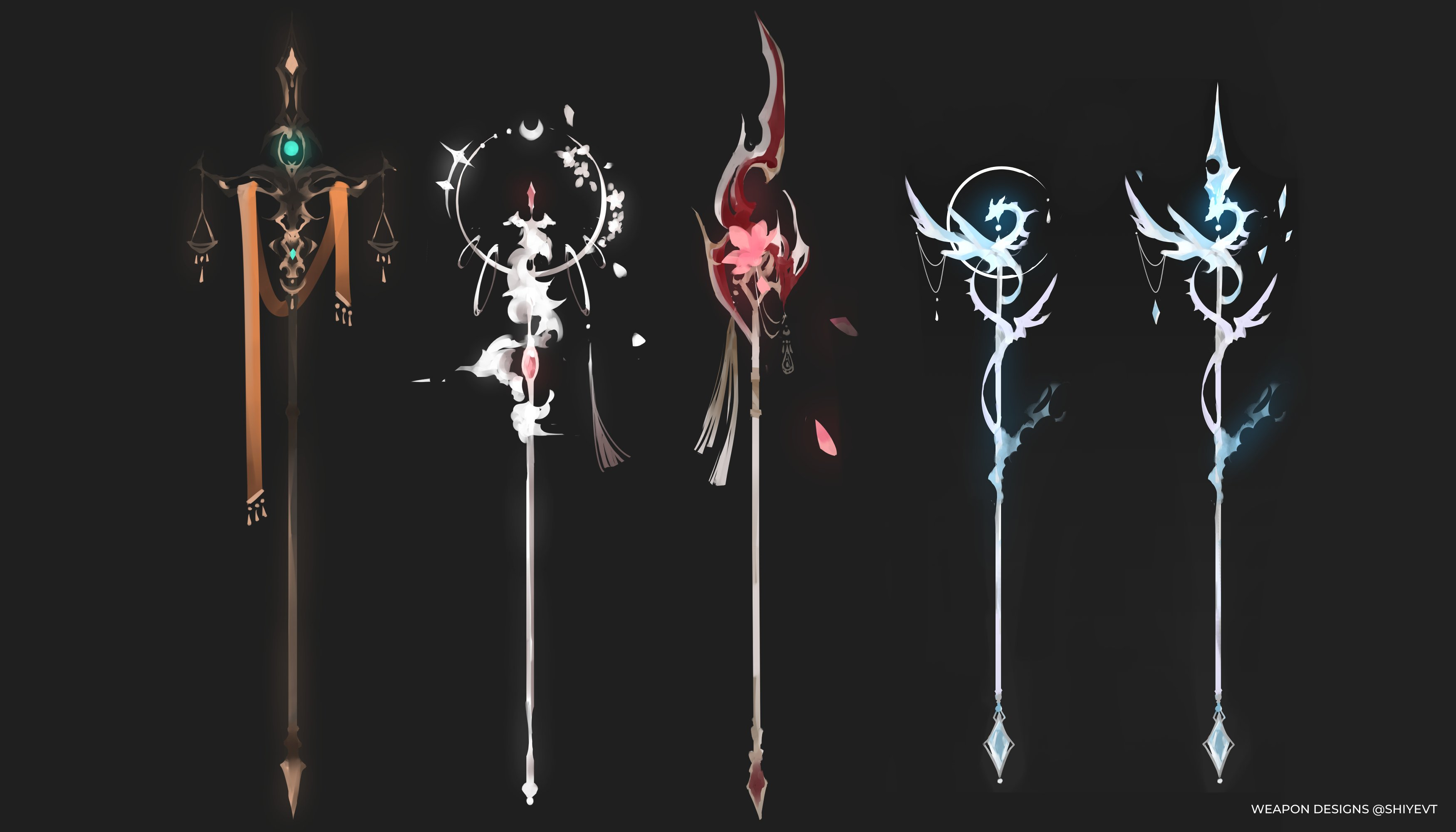 the image showcases five distinct staff designs set against a black background. each staff embodies a unique aesthetic, incorporating elements such as dragons, flowers, celestial symbols, and scales. the staffs are rendered with a soft, painterly style, emphasizing their fantastical nature.