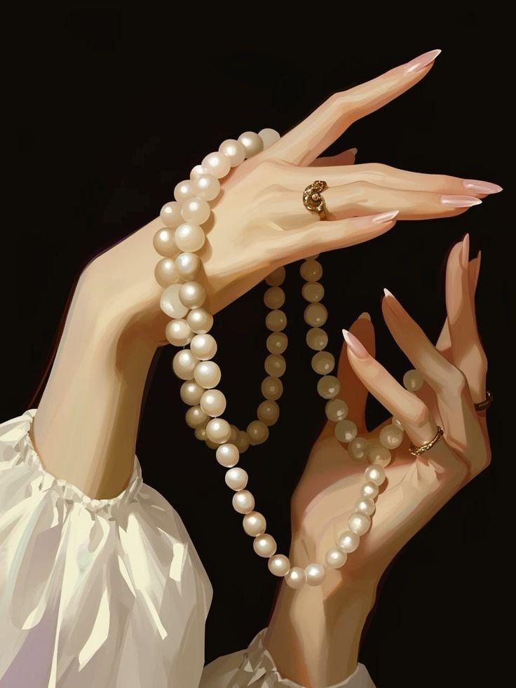 the image depicts two elegant hands holding a string of pearls against a black background. the hands are adorned with rings and have long, manicured fingernails. a white blouse is visible at the bottom of the image, and the scene is lit with a dramatic play of light and shadow, creating a sophisticated and artistic aesthetic.