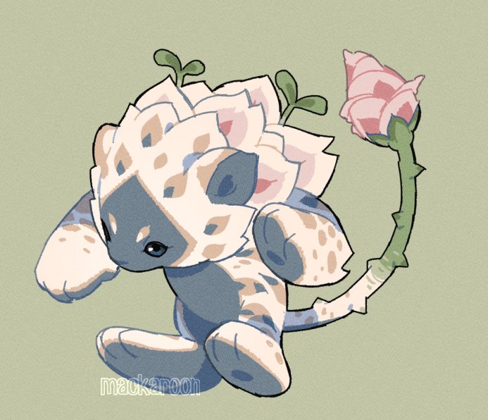 he image showcases a digital illustration of a charming, fantasy creature. it resembles a chubby feline with a pale, bluetinged, white coat adorned with tan spots.  its mane and tail are composed of large, pale pink and white flower blossoms with green stems. one large pink rosebud dangles playfully from the end of its thorny, green tail. the creature is positioned facing the viewer with its head tilted downwards. the style is reminiscent of children's book illustrations with its soft lines and gentle color palette. the background is a muted green, further emphasizing the soft and dreamy atmosphere of the artwork.