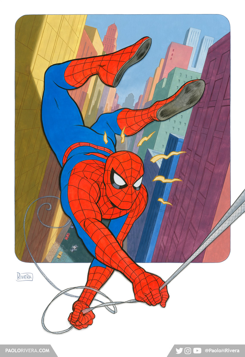 a digital illustration depicting spiderman swinging through a cityscape. he is in midair, with his back to the viewer, and his legs are outstretched, one leg is bent back towards his head. spiderman is wearing his iconic red and blue suit with the black spider logo on his chest. he is using his webs to swing between buildings, and he is holding onto his webs with his left hand. in the background, a city skyline with many buildings can be seen. the artwork has a comic book style, with bold lines and vibrant colors.