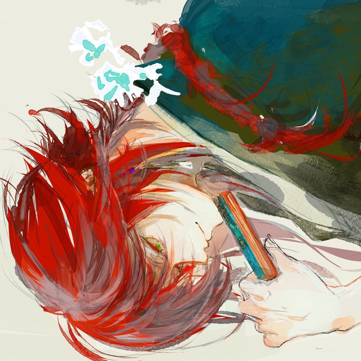 the image is a digital painting in a loose, expressive style reminiscent of watercolor.  it depicts a young animestyle male character with vibrant, fiery red hair. he is lying on his side, his head tilted, and appears to be holding a book or a long, thin object. the background is largely abstract, a mixture of teal and dark greens, adding to the dynamic and somewhat surreal feel of the artwork. the artist uses bold strokes and colors, prioritizing the mood and feel over sharp detail.  the overall style is highly artistic and less focused on realistic rendering.