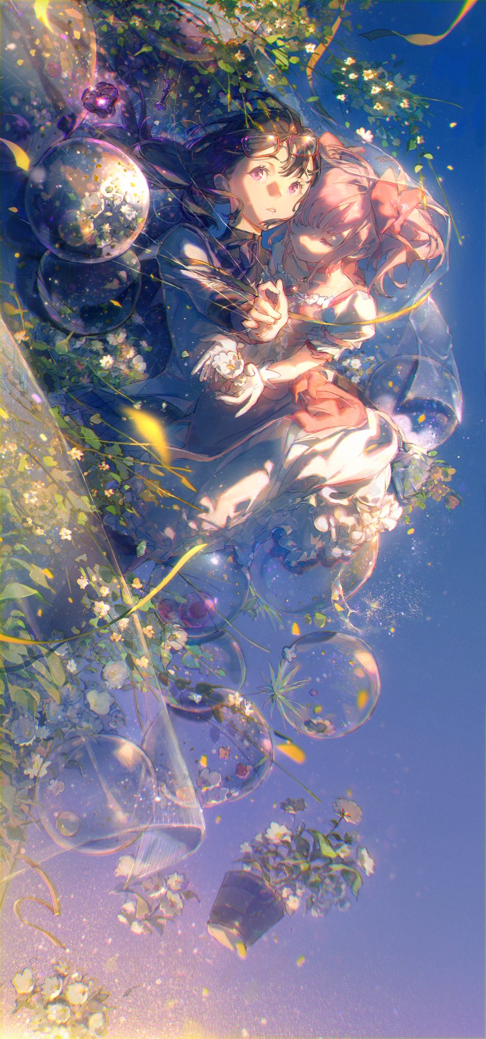 this is a fantasy illustration of two anime girls holding hands in the air. the girls have long flowing hair that is a mix of pink and purple. they are surrounded by many different colored bubbles and flowers. the background is a blue sky with white clouds. the whole scene has a magical and dreamy feel to it.