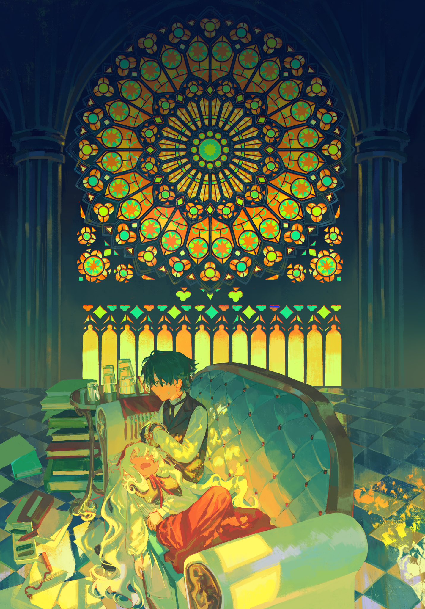 an animestyle illustration of a man and a woman resting on a couch in a church. the stained glass window behind them depicts a circular pattern of colors, while the floor is tiled in a black and white checkered pattern. the woman is laying on her back with her eyes closed, while the man sits beside her, looking at her with a tender expression. they are both dressed in casual clothing, and the scene is filled with a sense of peace and tranquility.