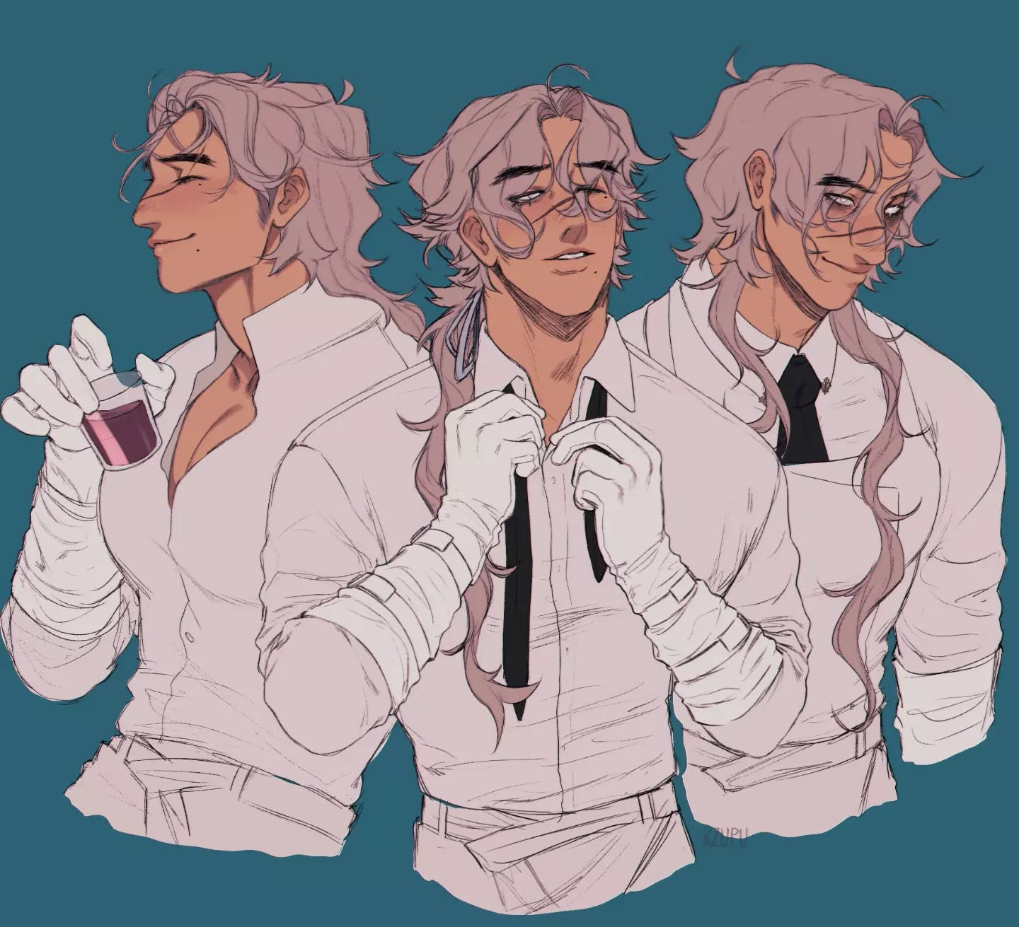 the image is a digital fanart illustration featuring three variations of the same male character. they all have long, lightgrey/lavender hair, are wearing white longsleeved buttonup shirts, and are accessorized with white gloves and bandages on their forearms. one character is casually holding a glass of a darkred drink, while the other is in the process of buttoning his shirt. the third wears glasses. the art style is soft and slightly stylized, resembling anime or manga, with pastel tones and a teal background. the character designs are elegant, stylish and have a somewhat relaxed demeanor.
