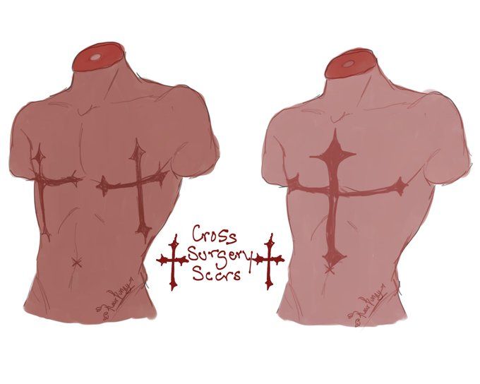 the image showcases two headless, torso sketches depicting stylized crossshaped scars across the chest and abdomen. the scars appear to be surgical in nature, implying body modification.  the style is somewhat rough and artistic, resembling a digital sketch rather than a precise medical illustration. the sketches are in reddishbrown tones and are presented sidebyside.  the words "cross surgery scars" are written in the center, further clarifying the subject matter. a small cross symbol is also included, likely to emphasize the scar design. the overall aesthetic has a slightly dark or edgy feel.