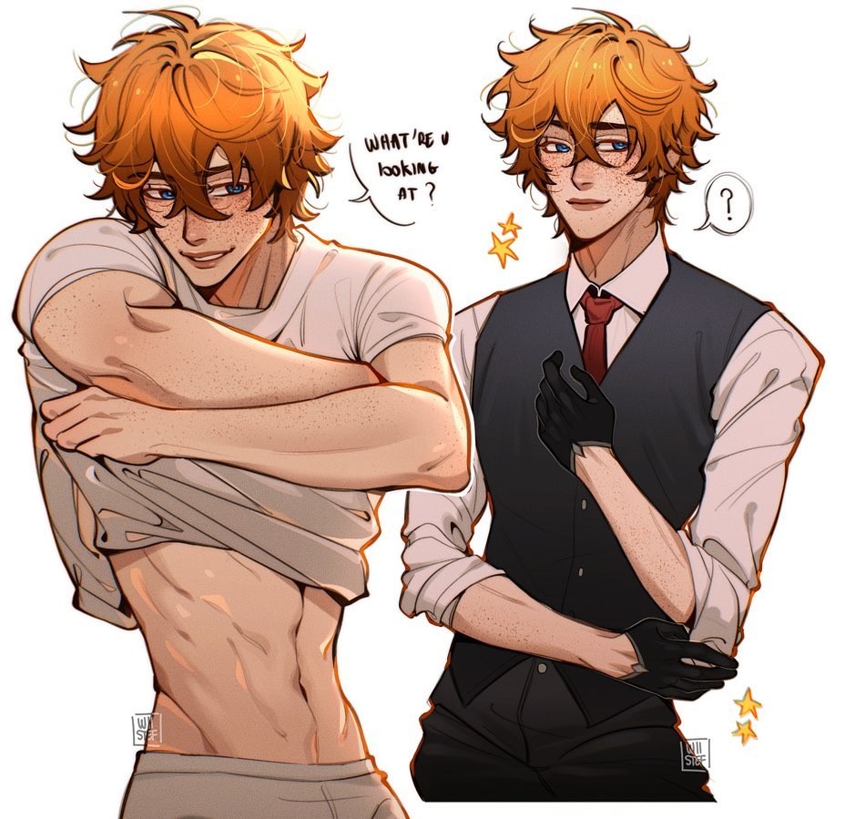 the image features a digital drawing of two animestyle male characters. both have vibrant orange hair, freckles, and similar facial features. one character is shown shirtless, showcasing his toned physique, while wearing only underwear and white tshirt. he appears casual and playful. the second character is dressed in more formal attire—a white shirt, dark waistcoat, and black gloves, giving him a more sophisticated look. the  second character appears slightly curious. a speech bubble above the shirtless character says "what're u looking at?" the background is plain white, allowing the characters to stand out. the overall style is clean, detailed, and appealing. the art is reminiscent of both anime and manga styles with a soft, painterly quality to the colors and shading.