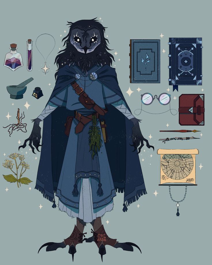 an anthropomorphic owl wizard character with black feathers, glowing white eyes, wearing a blue robe and cape, standing next to magical items such as potions, books, glasses, a scroll, quill and ink, and herbs.