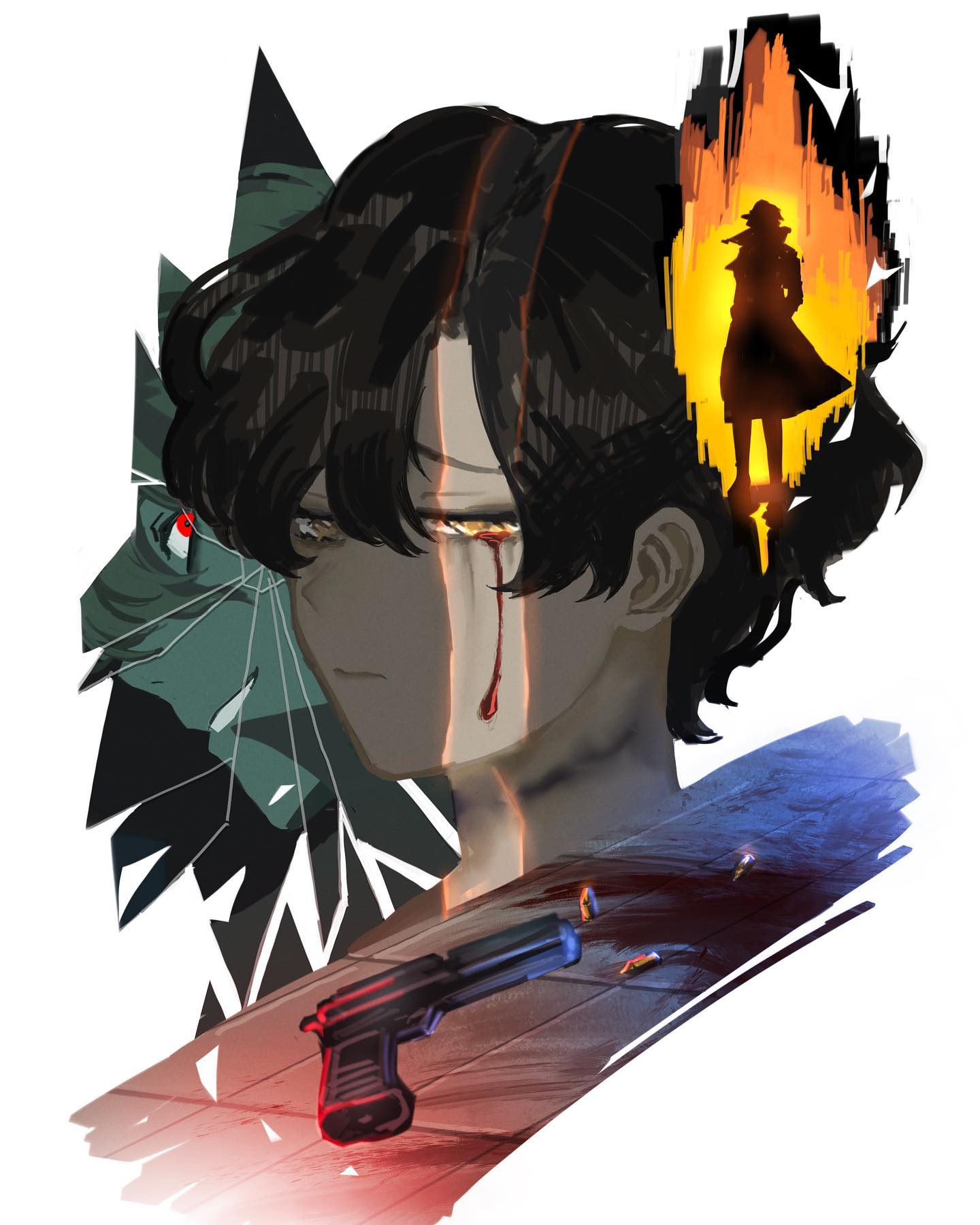 the image features a closeup portrait of a young man with dark hair and a sorrowful expression. a single tear of blood runs down his left cheek, mirroring a bright orange, almost fiery line that bisects his face. a shadowy figure engulfed in flames is visible behind him, contained within the shape of the tear. to the man's left, shattered shards of what appears to be glass reflect a monstrous, bluetinged visage. a gun lies on the ground near the bottom of the image, surrounded by scattered bullets, further enhancing the overall atmosphere of violence and despair.