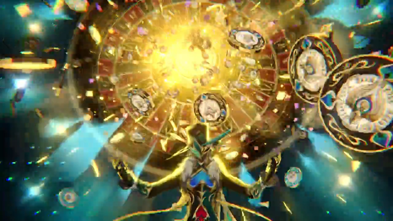 a fantasy video game character, a warrior of sorts, stands in the center of a giant, golden, clocklike structure. the character glows and is surrounded by golden light and energy. the structure is exploding with energy, light, and sparks. there are multiple other clock faces around the central structure, and the background is a bluegreen color with more sparkles. the image has a mystical and powerful feel.