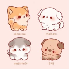 the image depicts a cute cartoon illustration of four different dog breeds, all drawn in a chibi style. from left to right, the dogs are a shiba inu, a maltese, a malamute, and a pug. they are all facing forward and have big, round eyes and smiles on their faces. their colors are consistent with their breeds. the shiba inu is orange, the maltese is white, the malamute is gray, and the pug is beige. the background is a simple pastel pink.